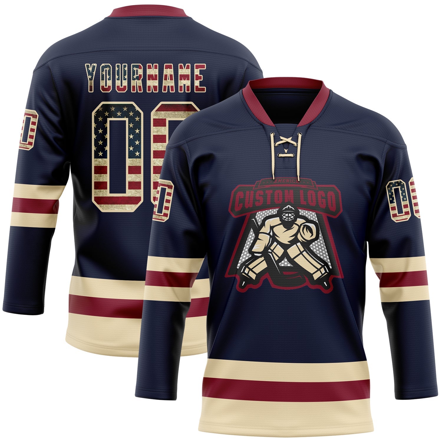 Custom Navy Vintage USA Flag Cream-Crimson Hockey Lace Neck Jersey view 2