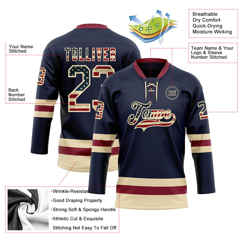 Custom Navy Vintage USA Flag Cream-Crimson Hockey Lace Neck Jersey view 3