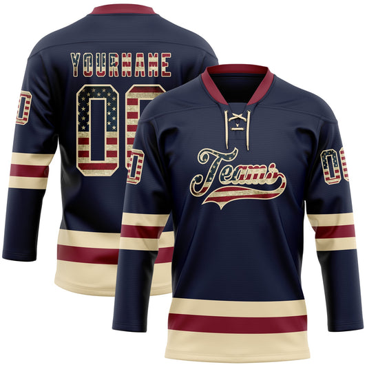 Custom Navy Vintage USA Flag Cream-Crimson Hockey Lace Neck Jersey - Main View