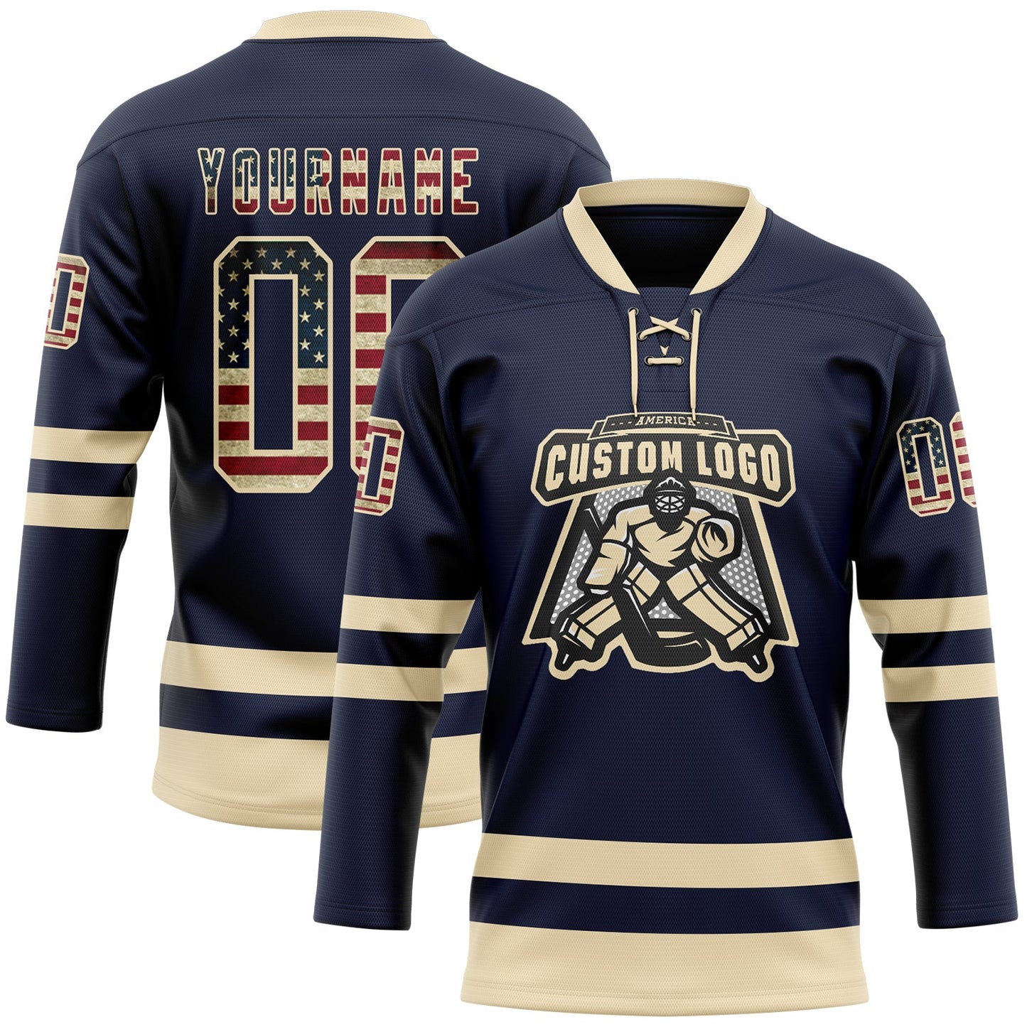 Custom Navy Vintage USA Flag-Cream Hockey Lace Neck Jersey view 2