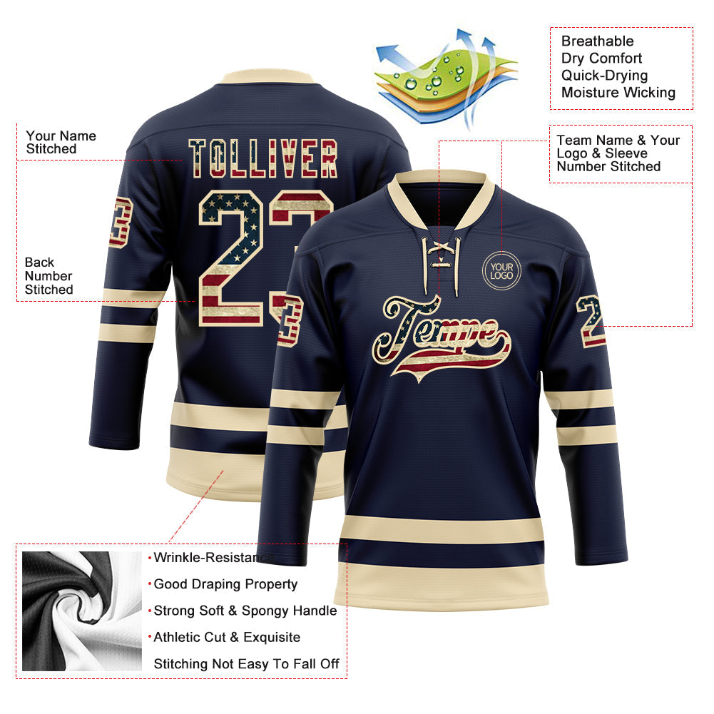 Custom Navy Vintage USA Flag-Cream Hockey Lace Neck Jersey view 3
