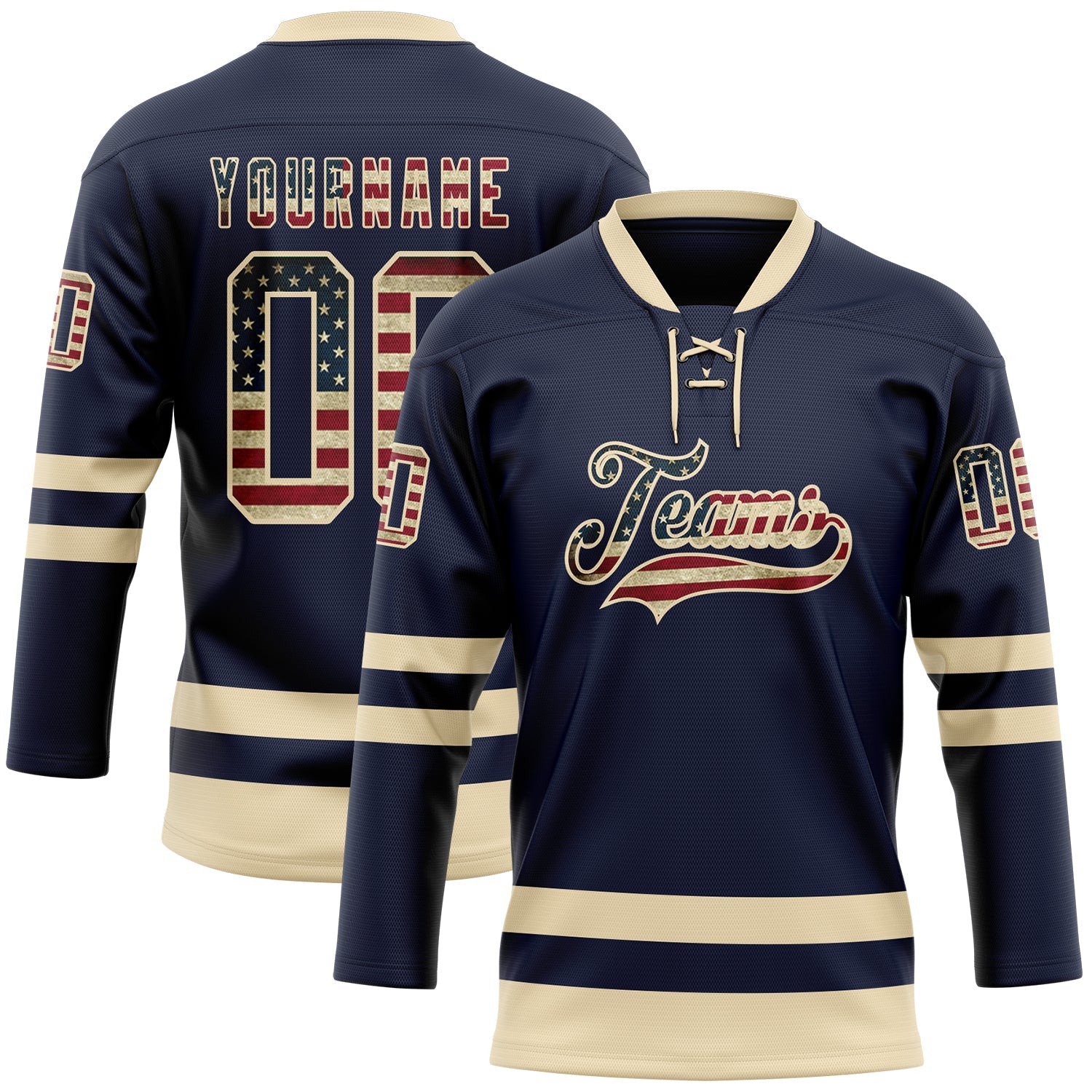 Custom Navy Vintage USA Flag-Cream Hockey Lace Neck Jersey - Main View
