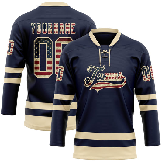 Custom Navy Vintage USA Flag-Cream Hockey Lace Neck Jersey - Main View