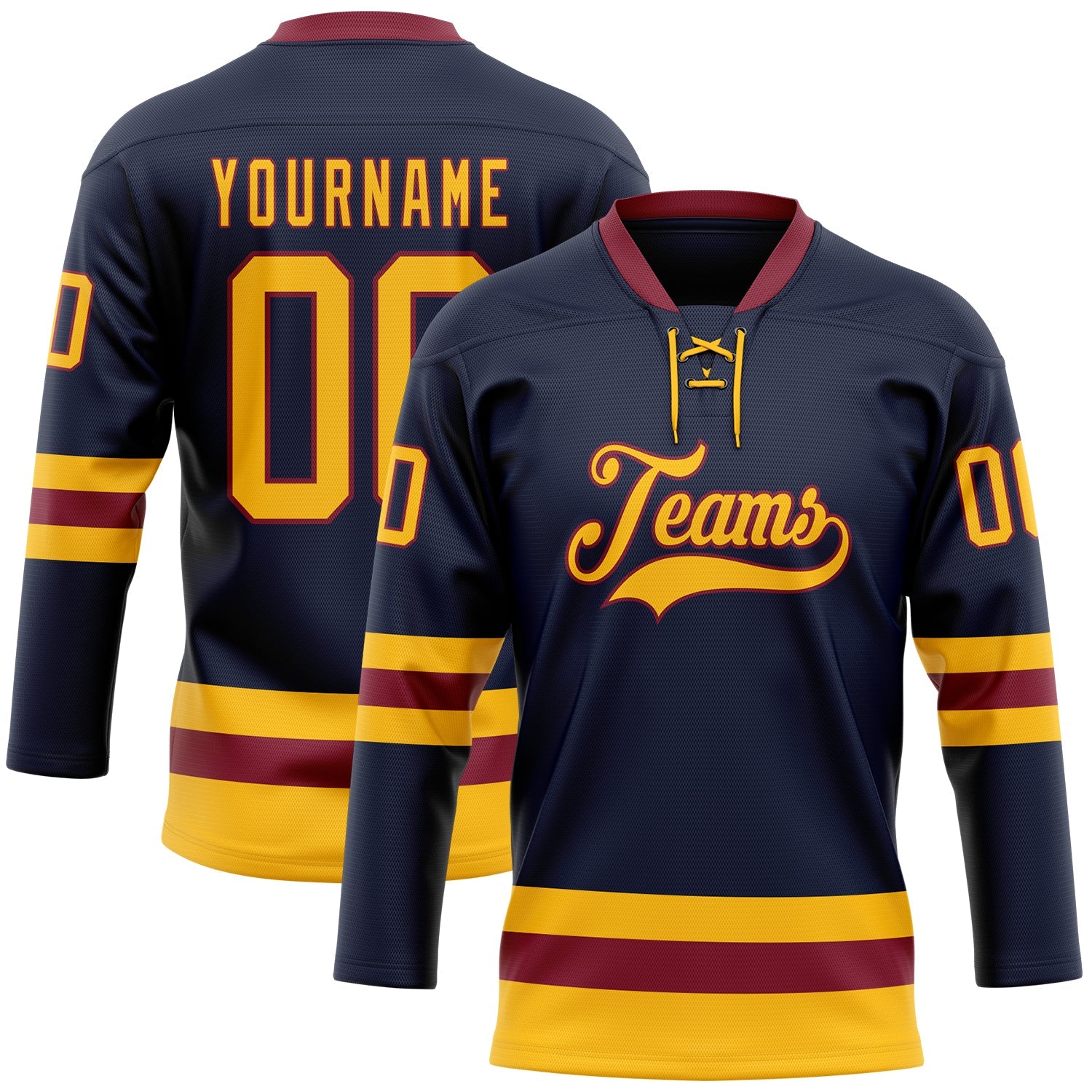 Custom Navy Gold-Crimson Hockey Lace Neck Jersey - Main View