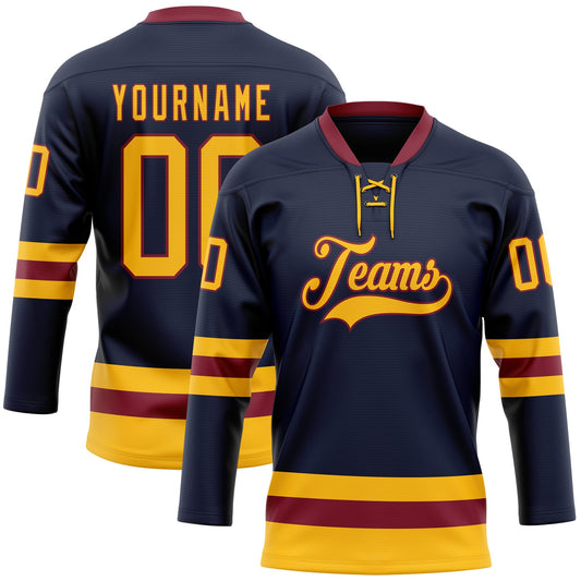 Custom Navy Gold-Crimson Hockey Lace Neck Jersey - Main View