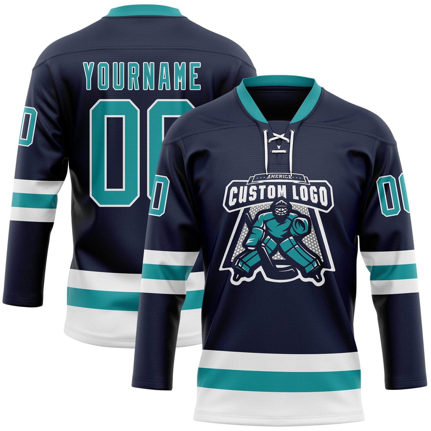 Custom Navy Teal-White Hockey Lace Neck Jersey view 2