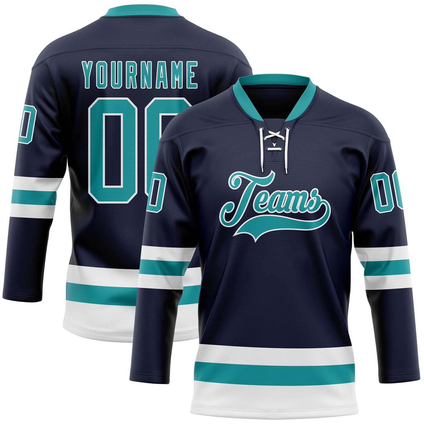 Custom Navy Teal-White Hockey Lace Neck Jersey - Main View