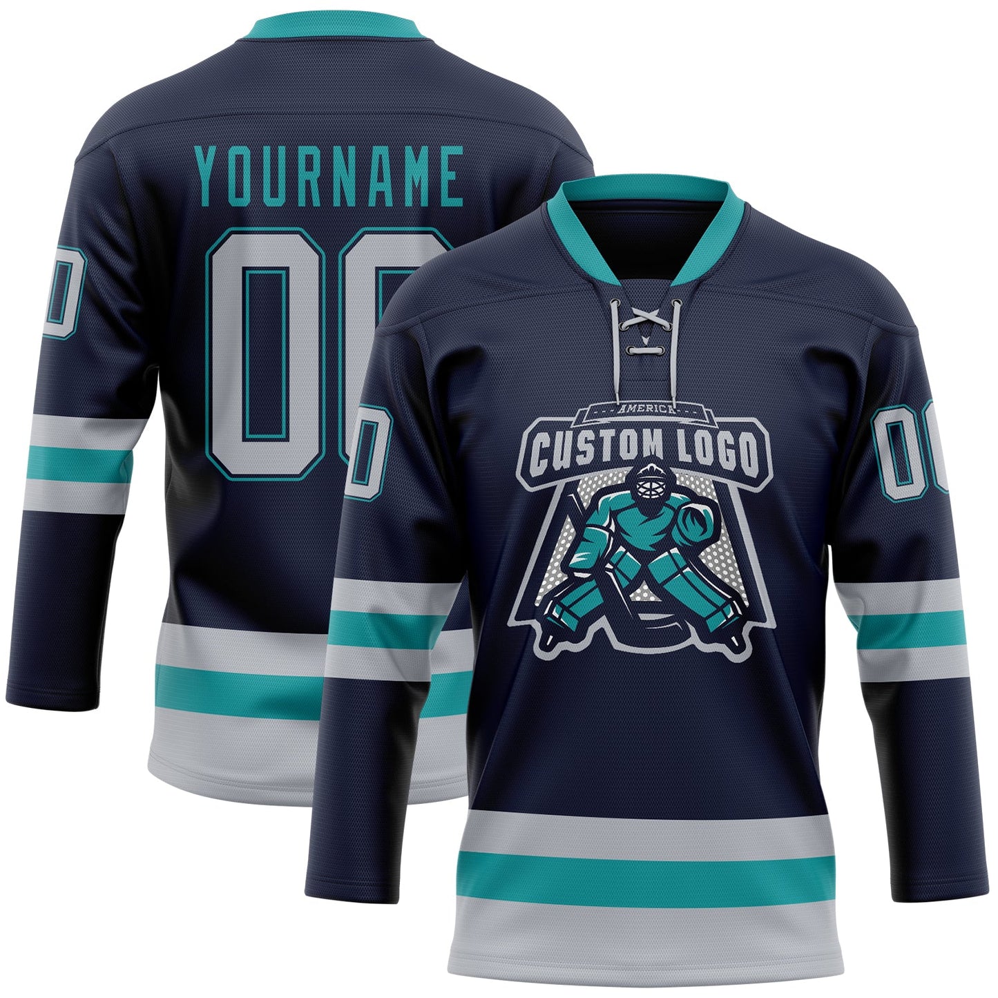 Custom Navy Gray-Teal Hockey Lace Neck Jersey view 2