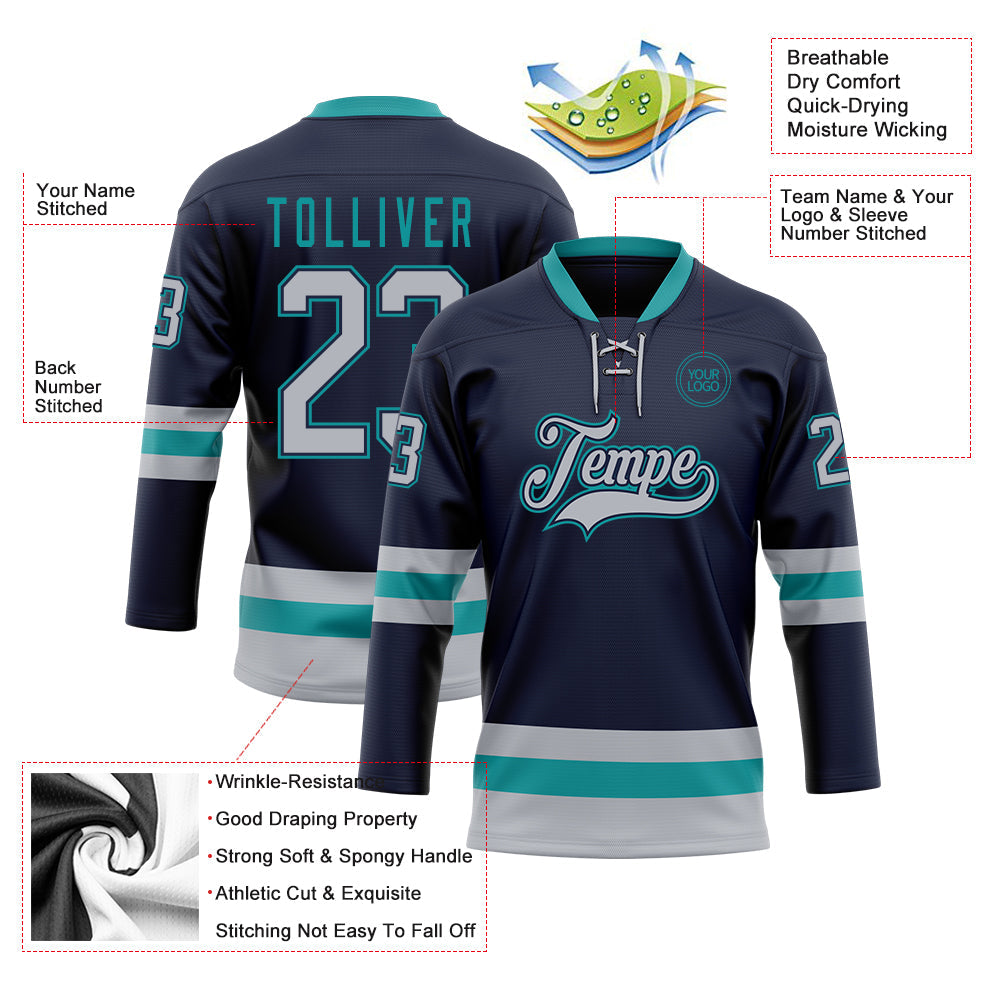 Custom Navy Gray-Teal Hockey Lace Neck Jersey view 3