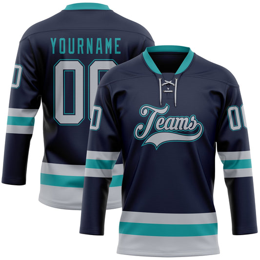 Custom Navy Gray-Teal Hockey Lace Neck Jersey - Main View