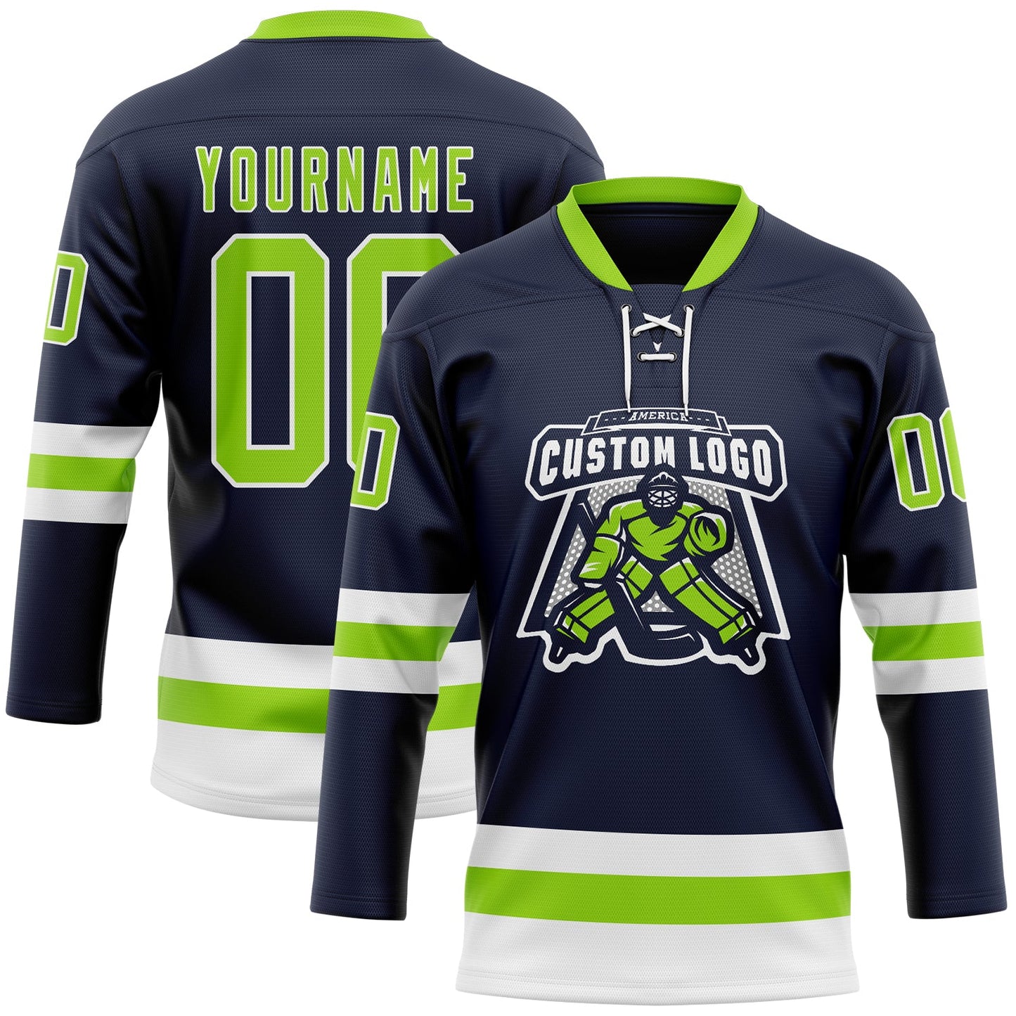 Custom Navy Neon Green-White Hockey Lace Neck Jersey view 2