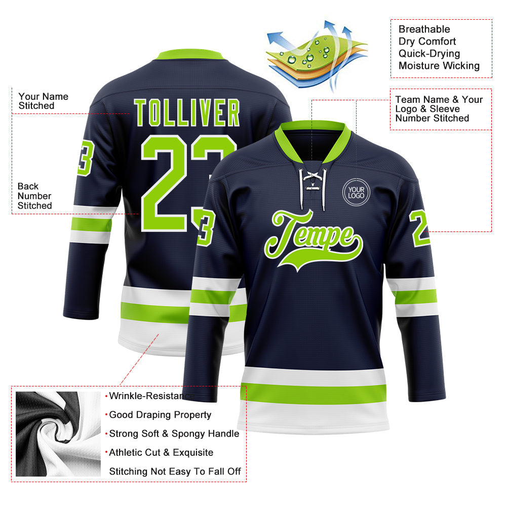 Custom Navy Neon Green-White Hockey Lace Neck Jersey view 3