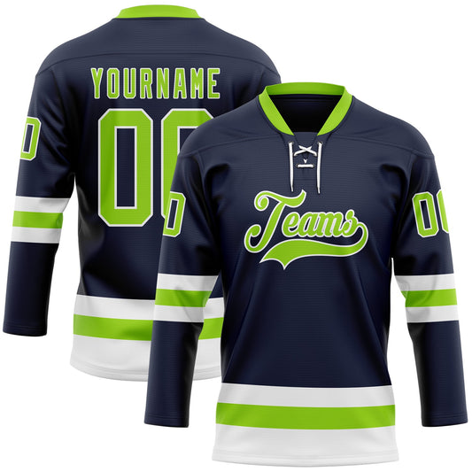 Custom Navy Neon Green-White Hockey Lace Neck Jersey - Main View