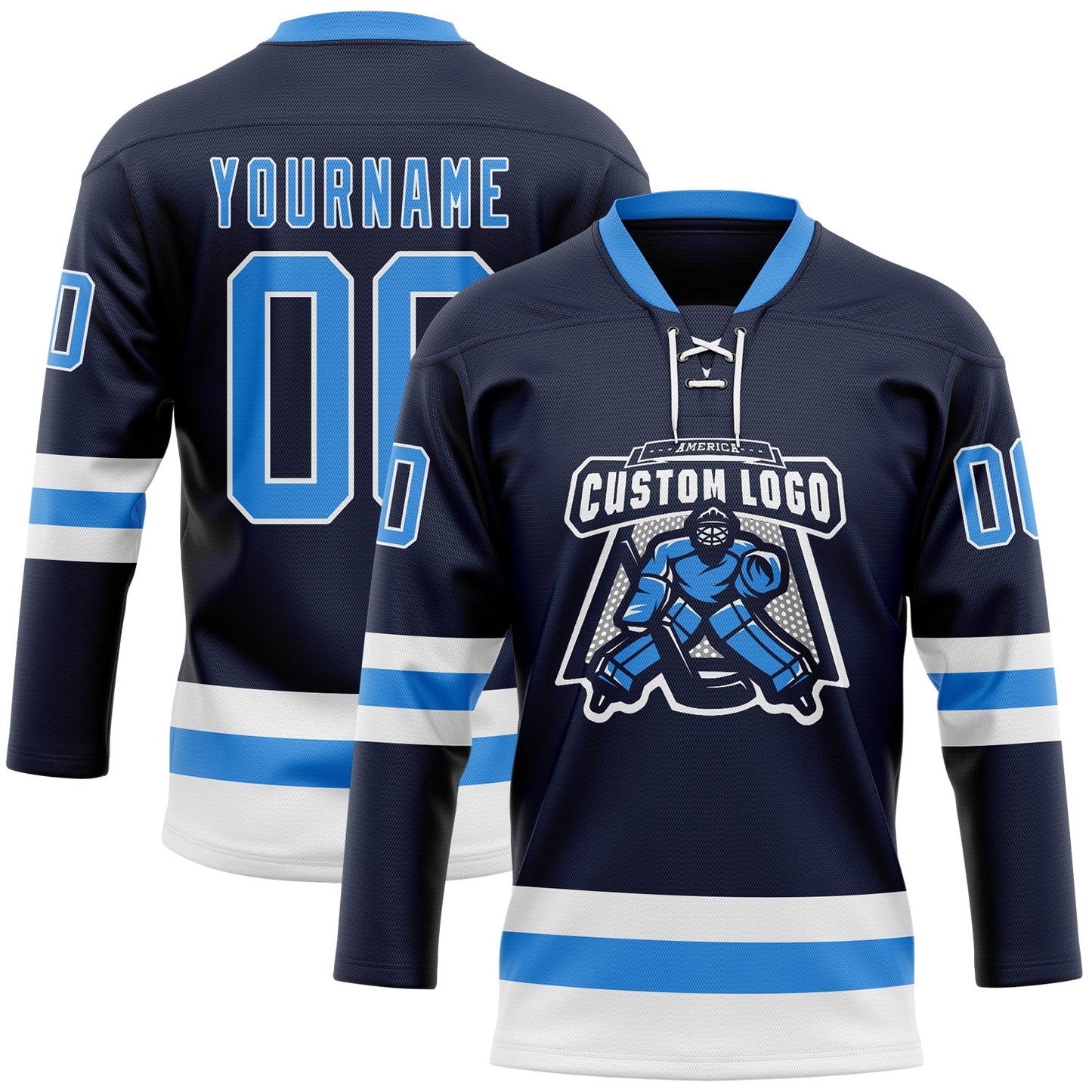 Custom Navy Powder Blue-White Hockey Lace Neck Jersey view 2