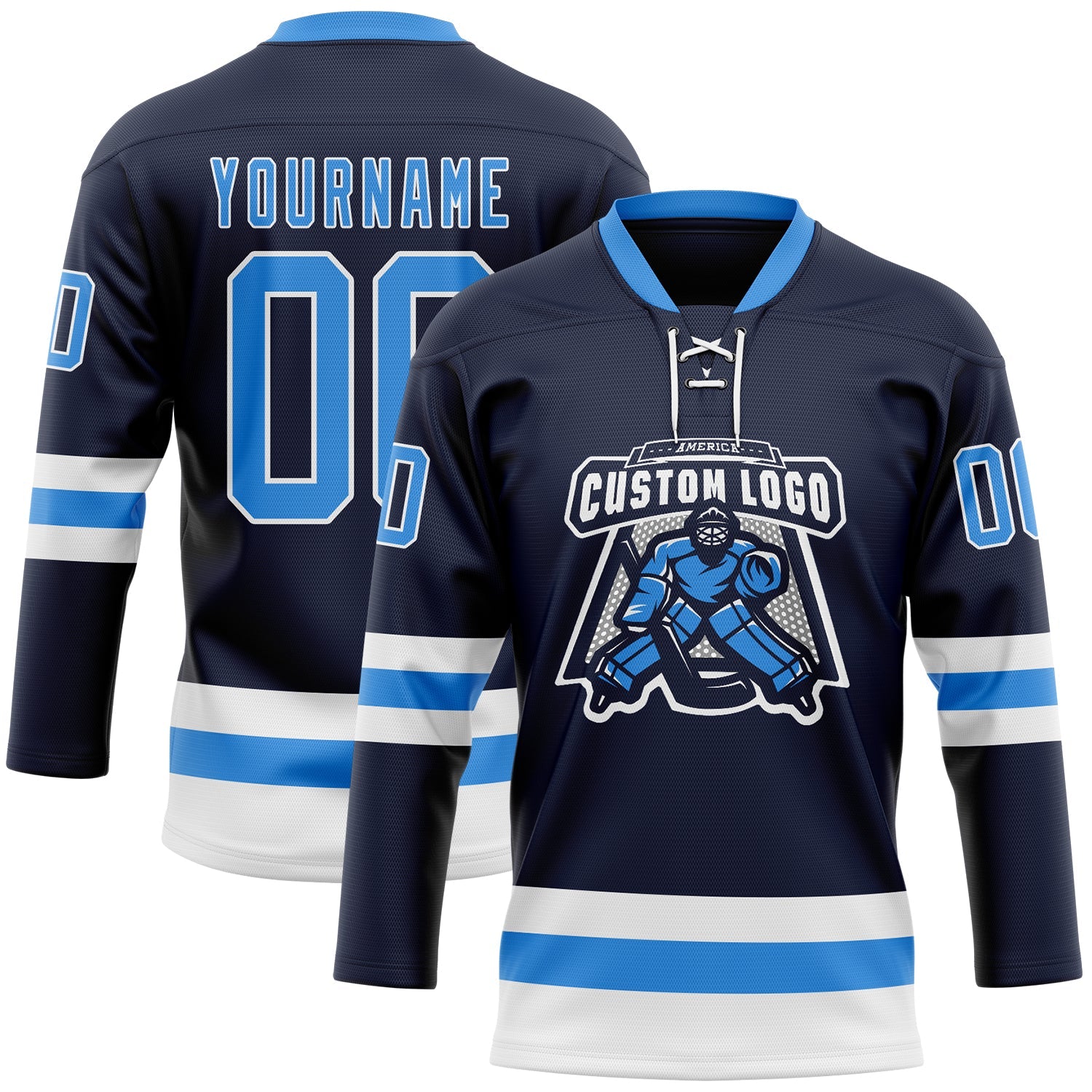 Custom Navy Powder Blue-White Hockey Lace Neck Jersey view 2