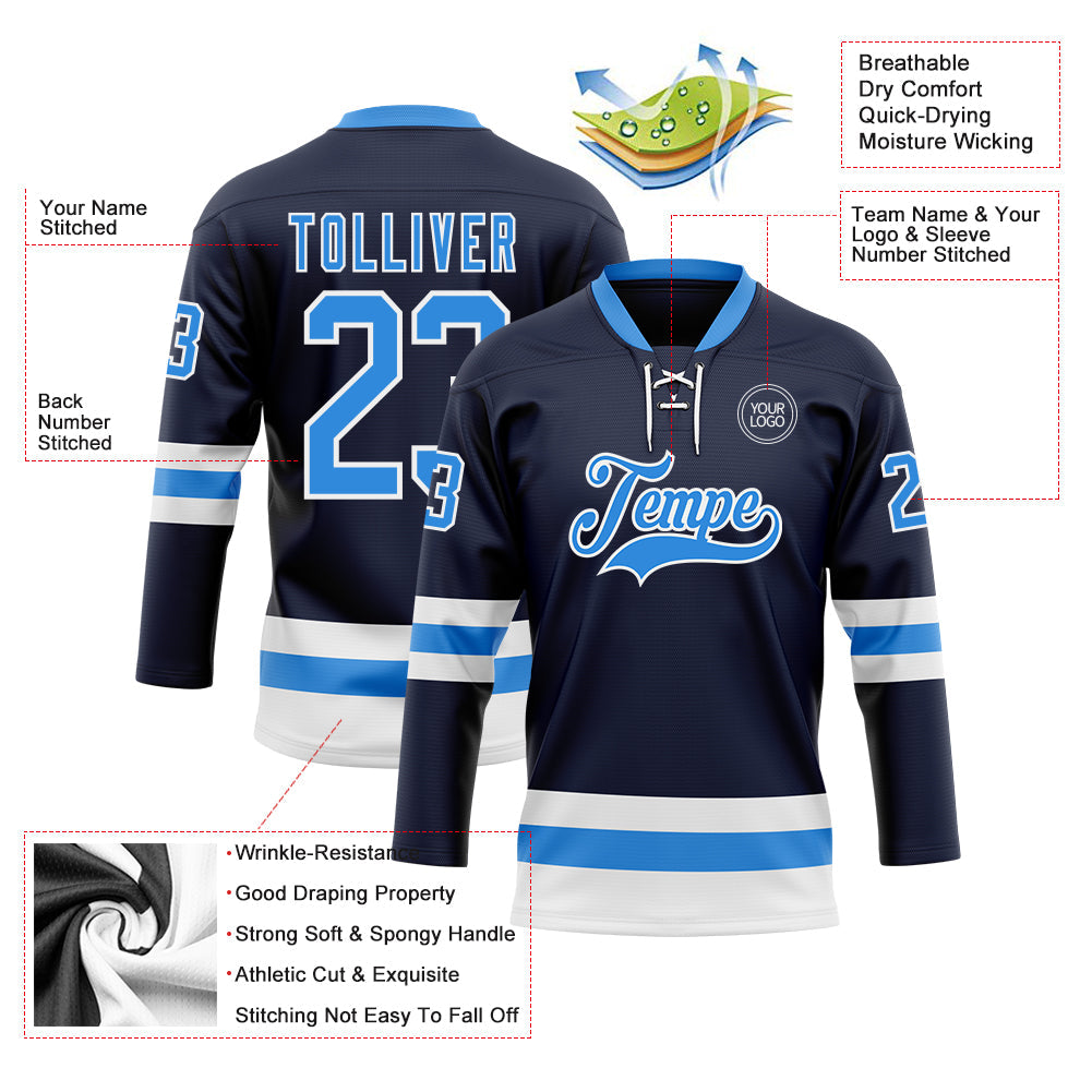 Custom Navy Powder Blue-White Hockey Lace Neck Jersey view 3