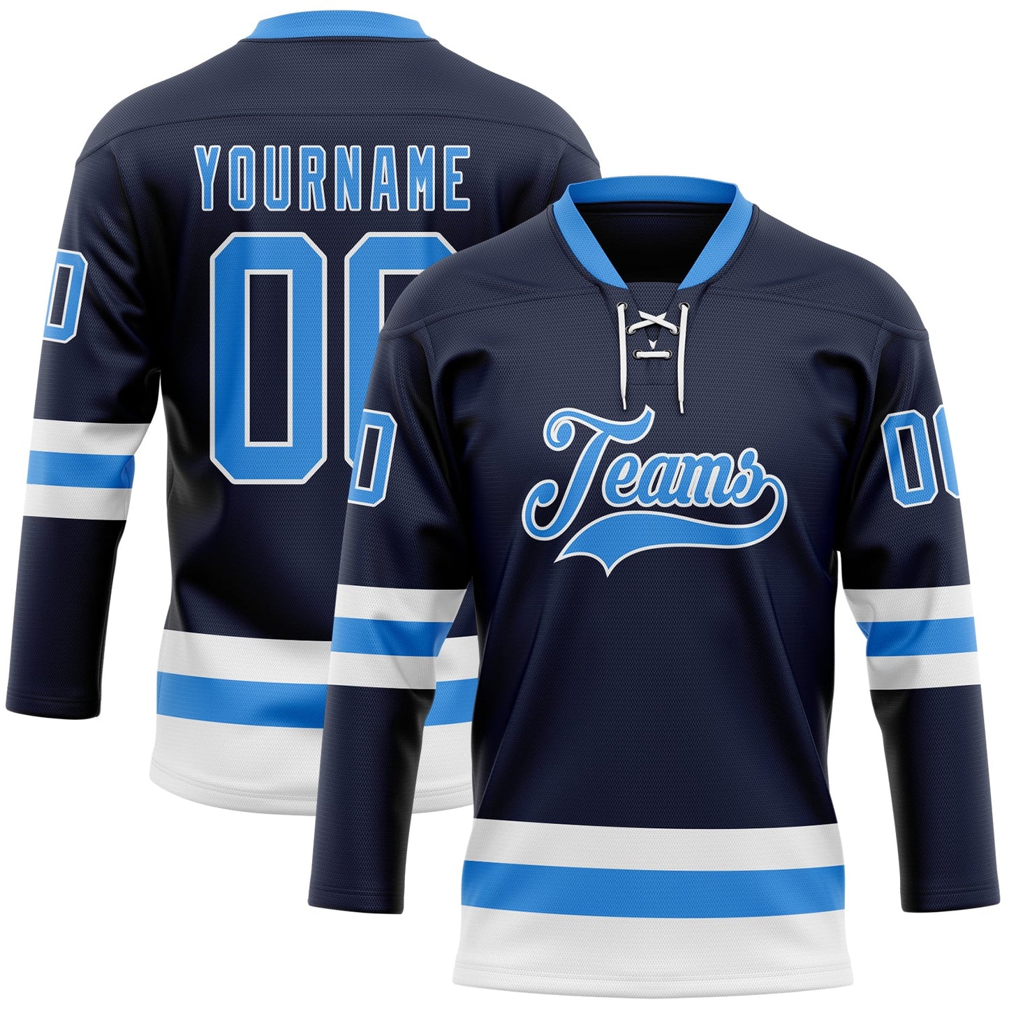 Custom Navy Powder Blue-White Hockey Lace Neck Jersey - Main View