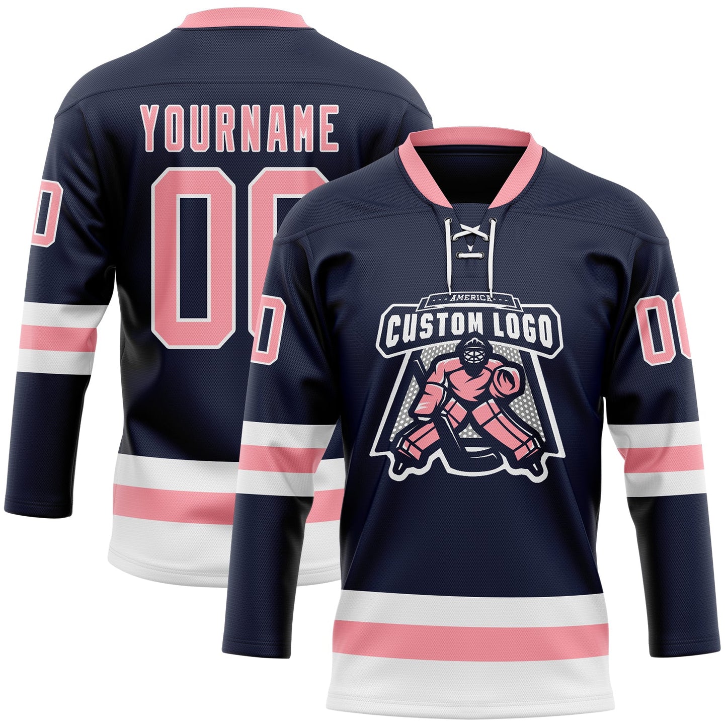 Custom Navy Medium Pink-White Hockey Lace Neck Jersey view 2