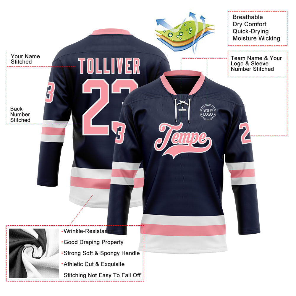 Custom Navy Medium Pink-White Hockey Lace Neck Jersey view 3