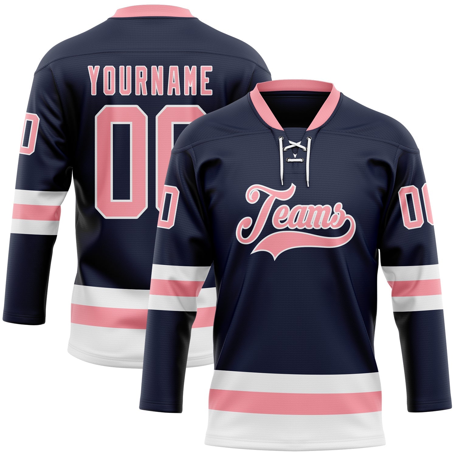 Custom Navy Medium Pink-White Hockey Lace Neck Jersey - Main View