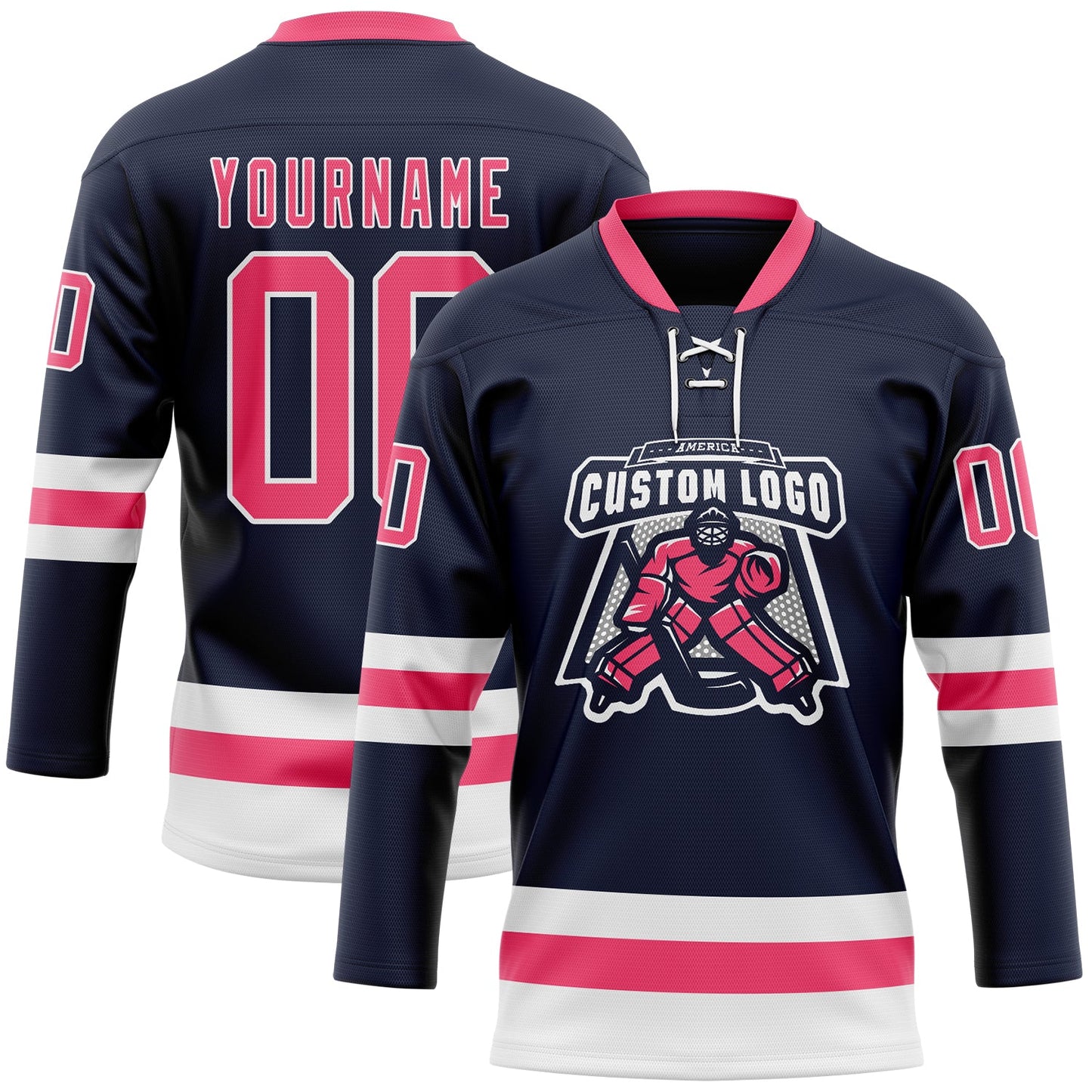Custom Navy Neon Pink-White Hockey Lace Neck Jersey view 2