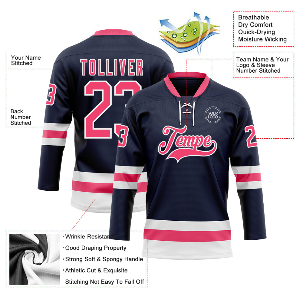 Custom Navy Neon Pink-White Hockey Lace Neck Jersey view 3