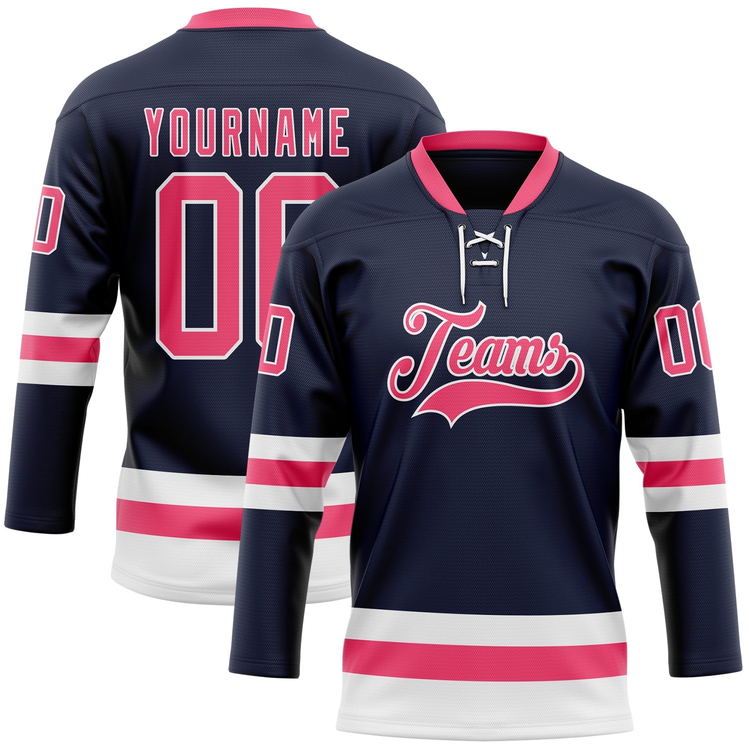 Custom Navy Neon Pink-White Hockey Lace Neck Jersey - Main View