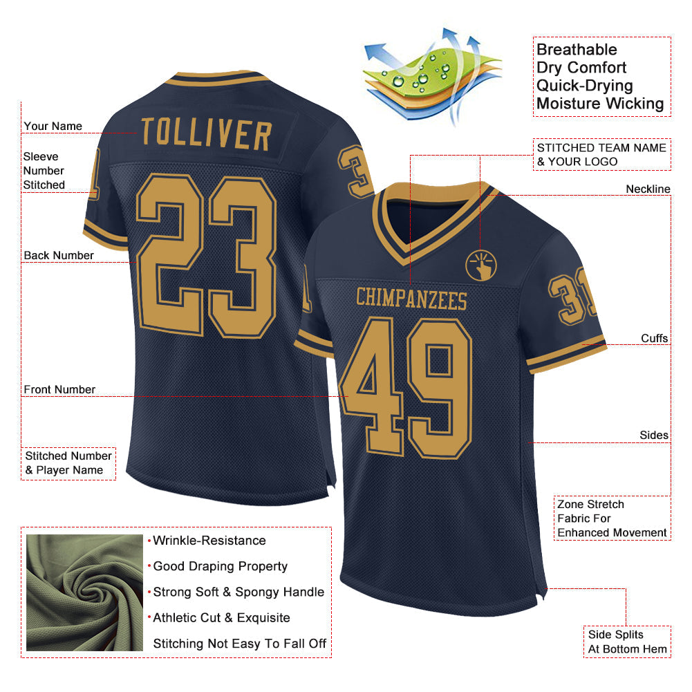 Custom Navy Old Gold Mesh Authentic Throwback Football Jersey view 2