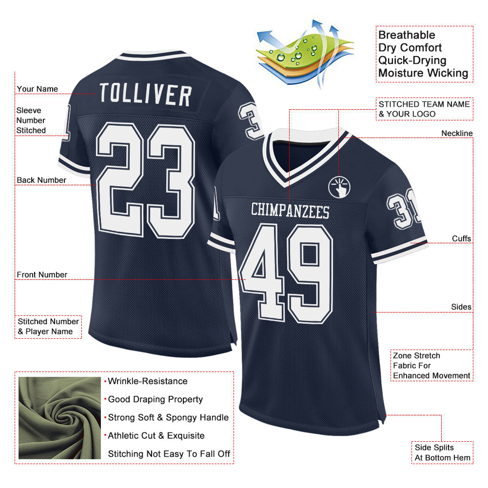Custom Navy White Mesh Authentic Throwback Football Jersey view 2