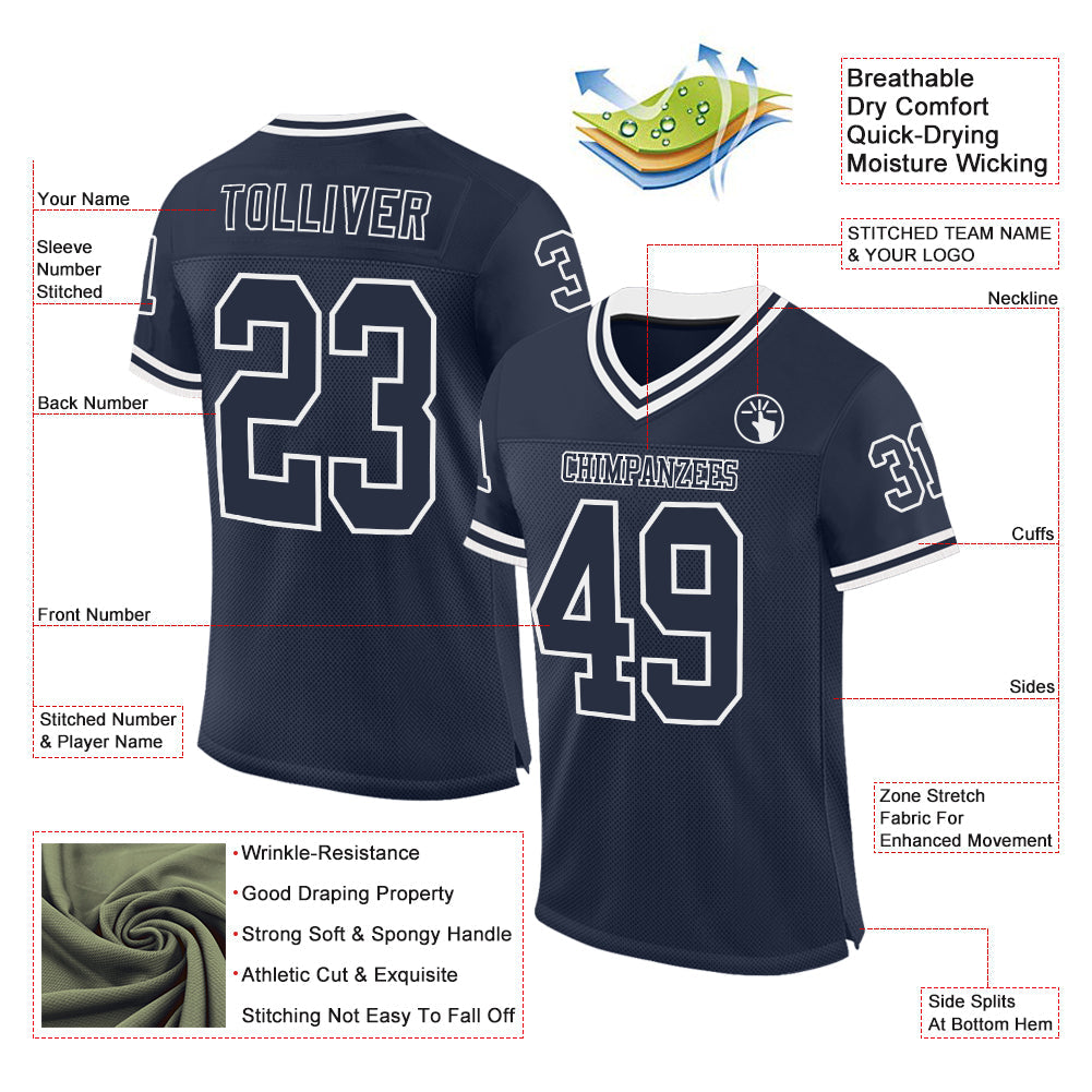 Custom Navy White Mesh Authentic Throwback Football Jersey view 2