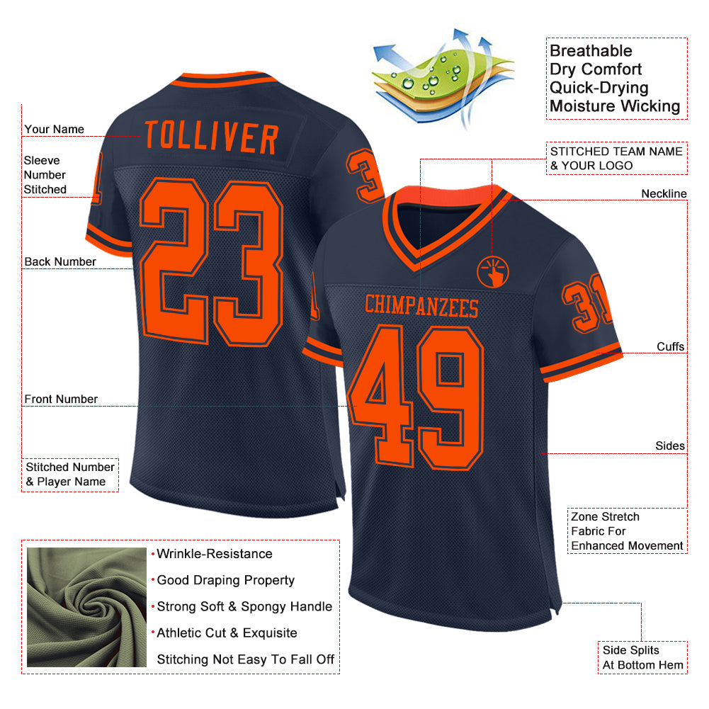 Custom Navy Orange Mesh Authentic Throwback Football Jersey view 2