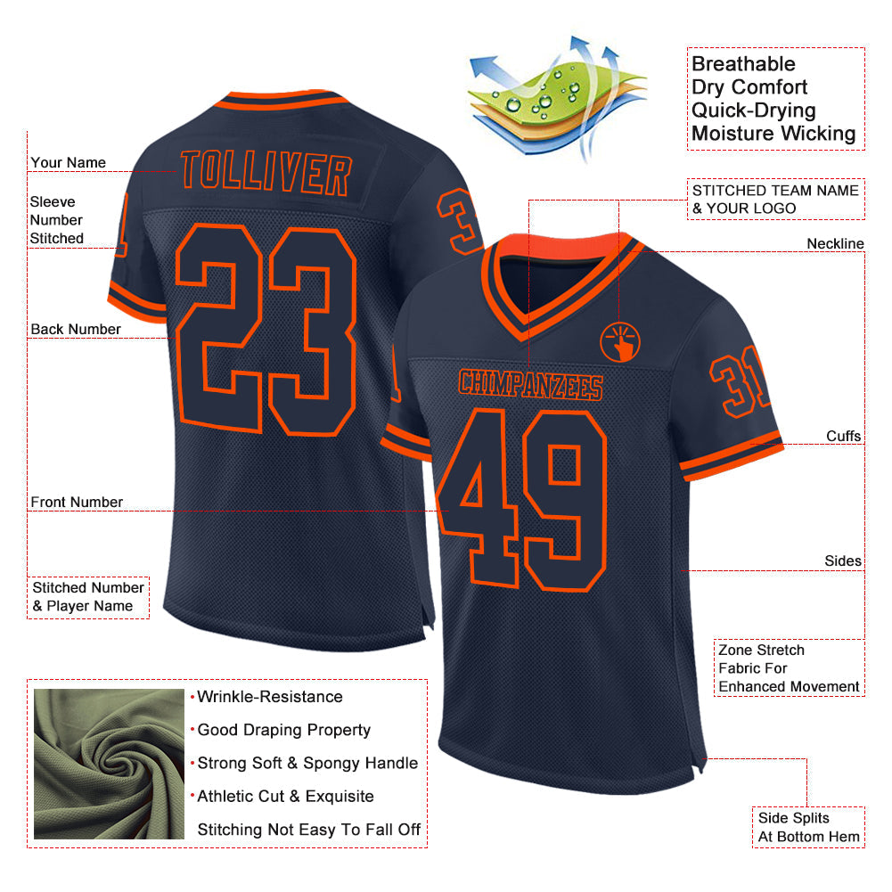 Custom Navy Orange Mesh Authentic Throwback Football Jersey view 2