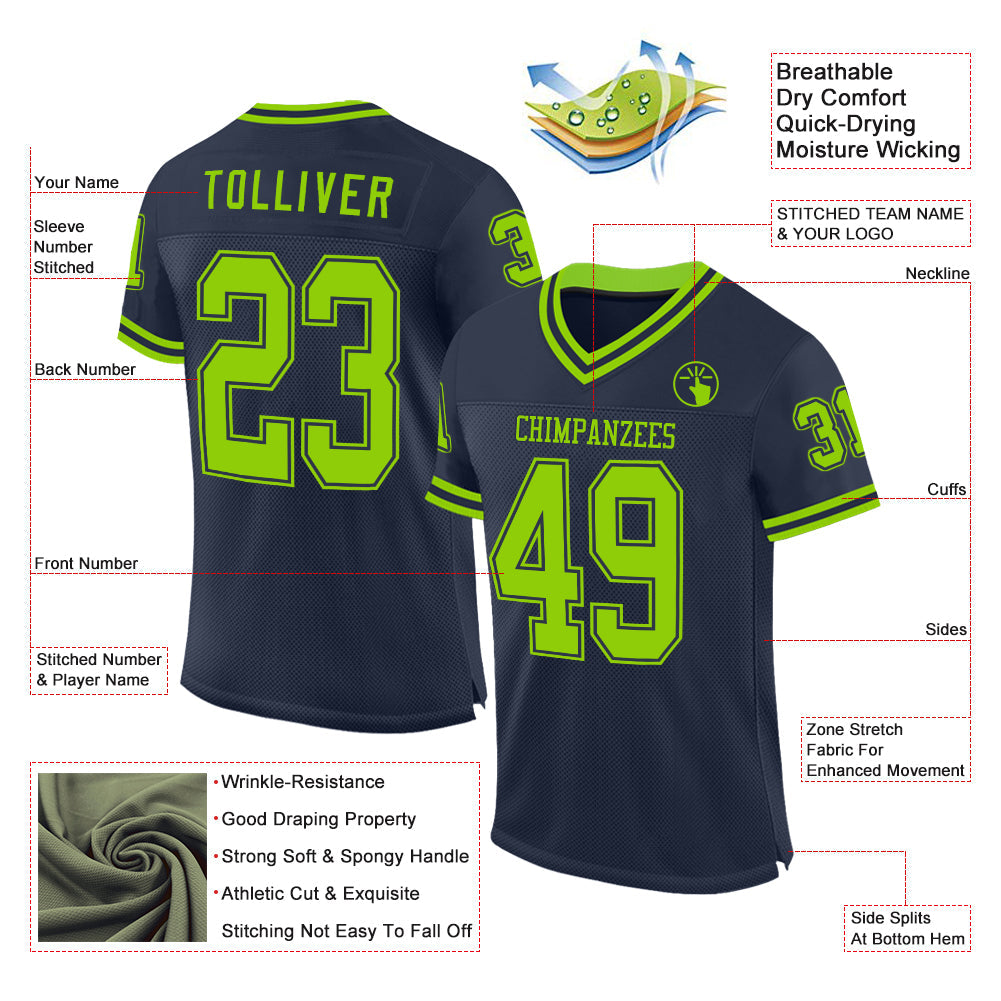 Custom Navy Neon Green Mesh Authentic Throwback Football Jersey view 2