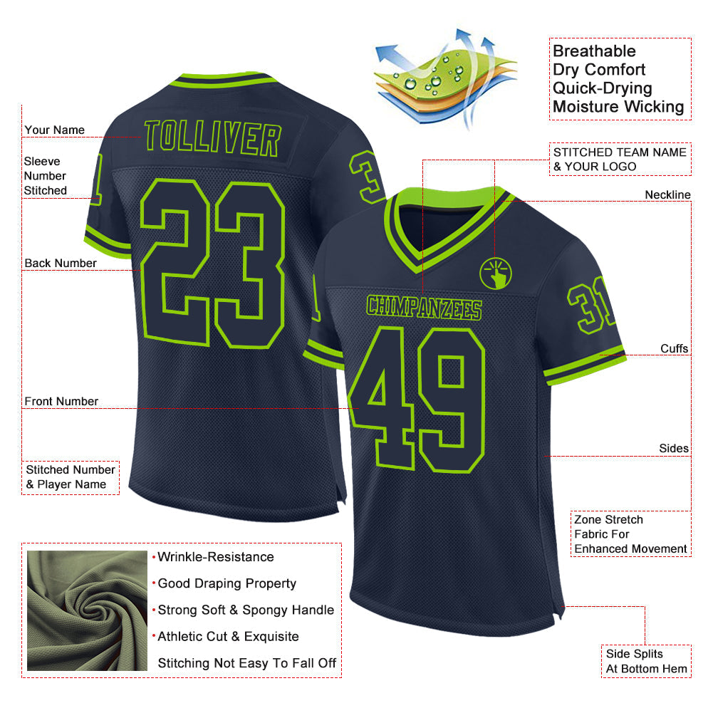 Custom Navy Neon Green Mesh Authentic Throwback Football Jersey view 2