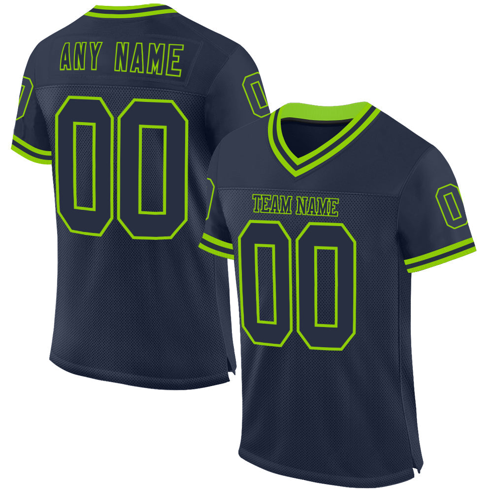 Custom Navy Neon Green Mesh Authentic Throwback Football Jersey - Main View