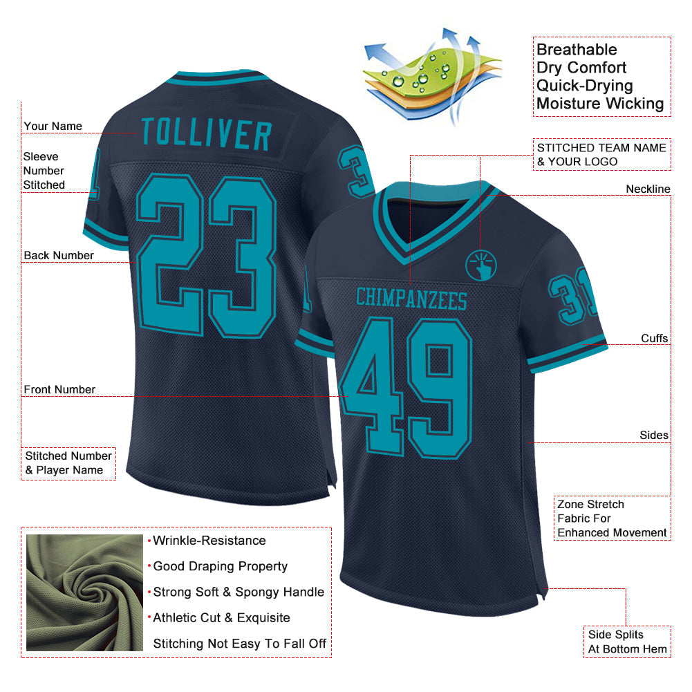 Custom Navy Teal Mesh Authentic Throwback Football Jersey view 2