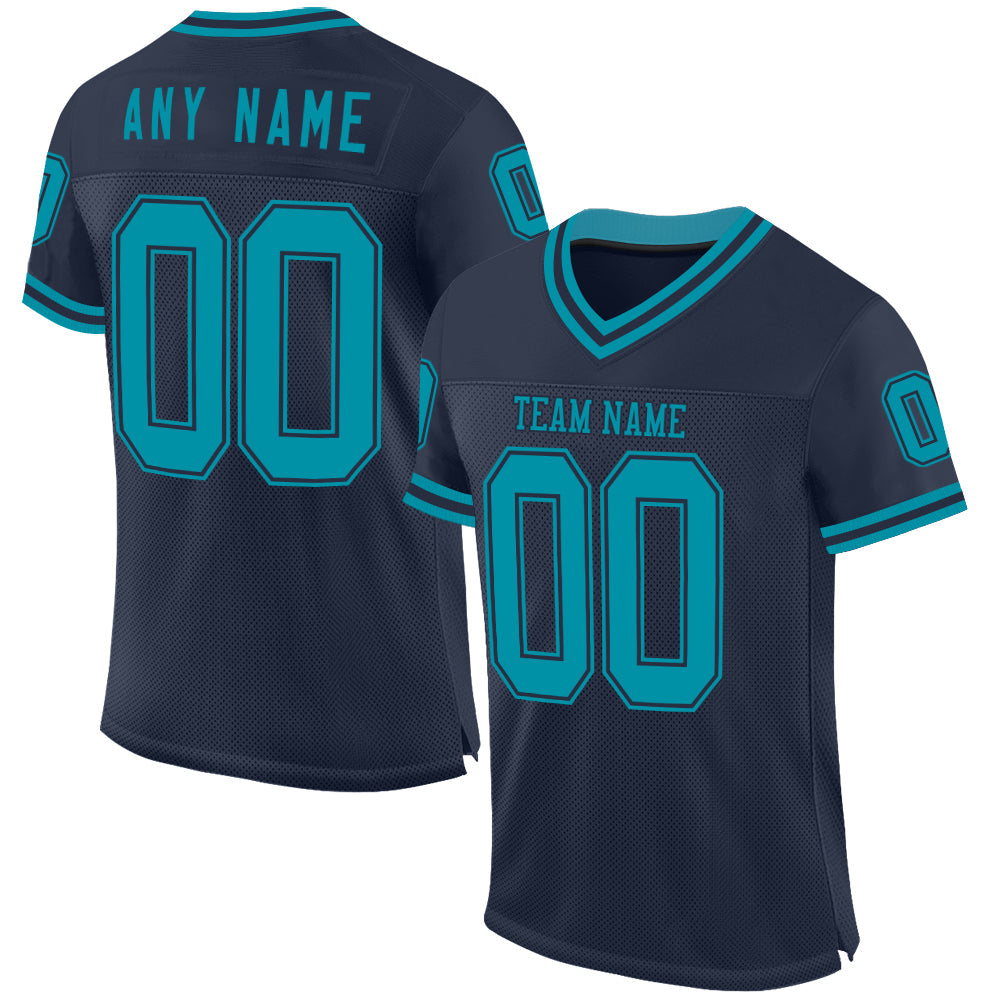 Custom Navy Teal Mesh Authentic Throwback Football Jersey - Main View
