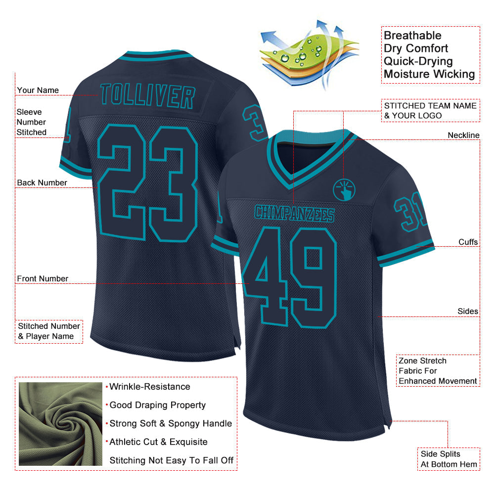 Custom Navy Teal Mesh Authentic Throwback Football Jersey view 2