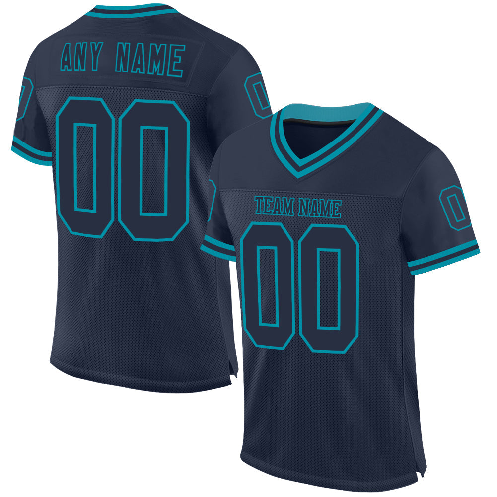 Custom Navy Teal Mesh Authentic Throwback Football Jersey - Main View