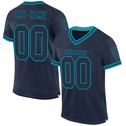 Custom Navy Teal Mesh Authentic Throwback Football Jersey - Main View