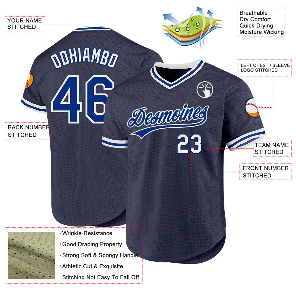 Custom Navy Royal-White Authentic Throwback Baseball Jersey view 3