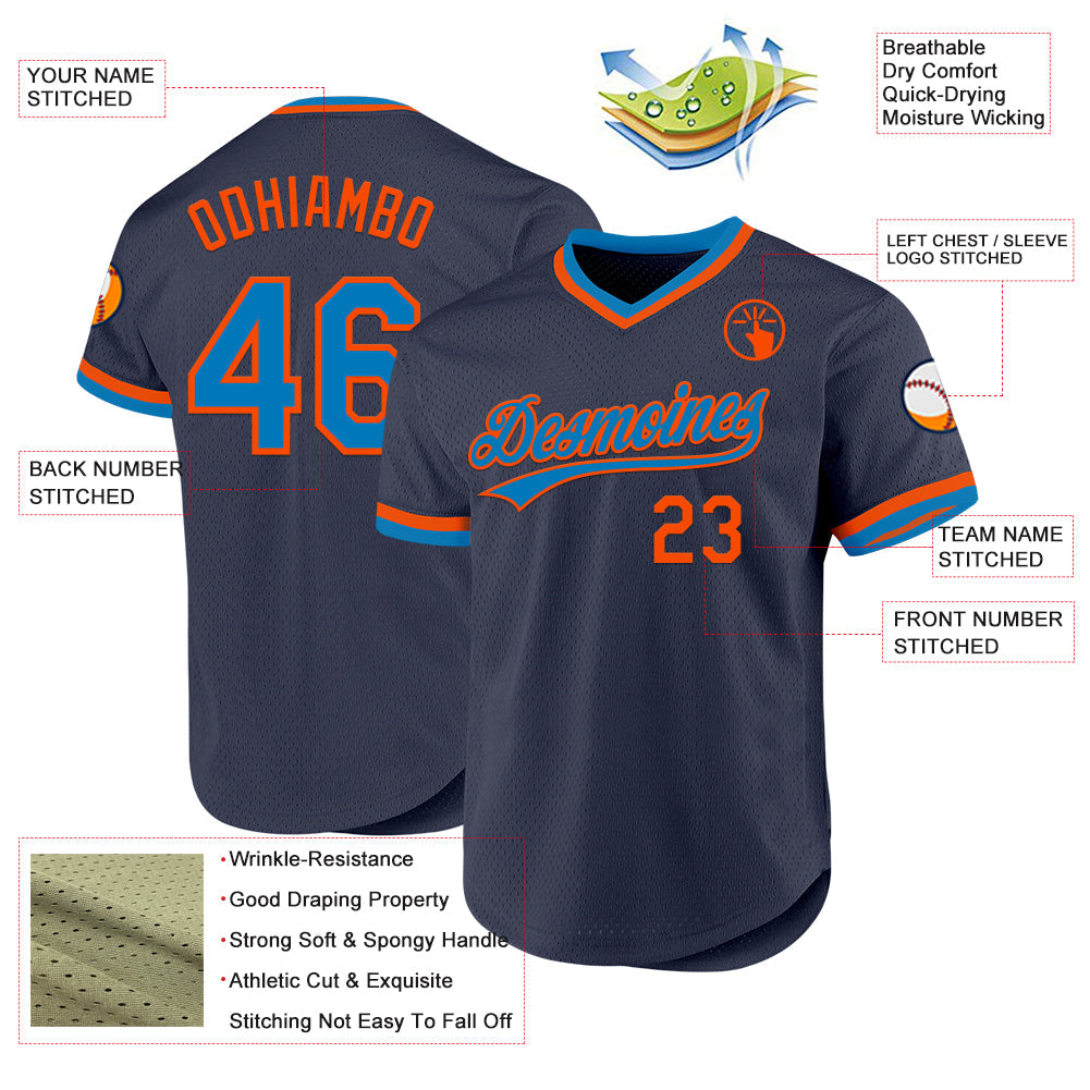 Custom Navy Blue-Orange Authentic Throwback Baseball Jersey view 3