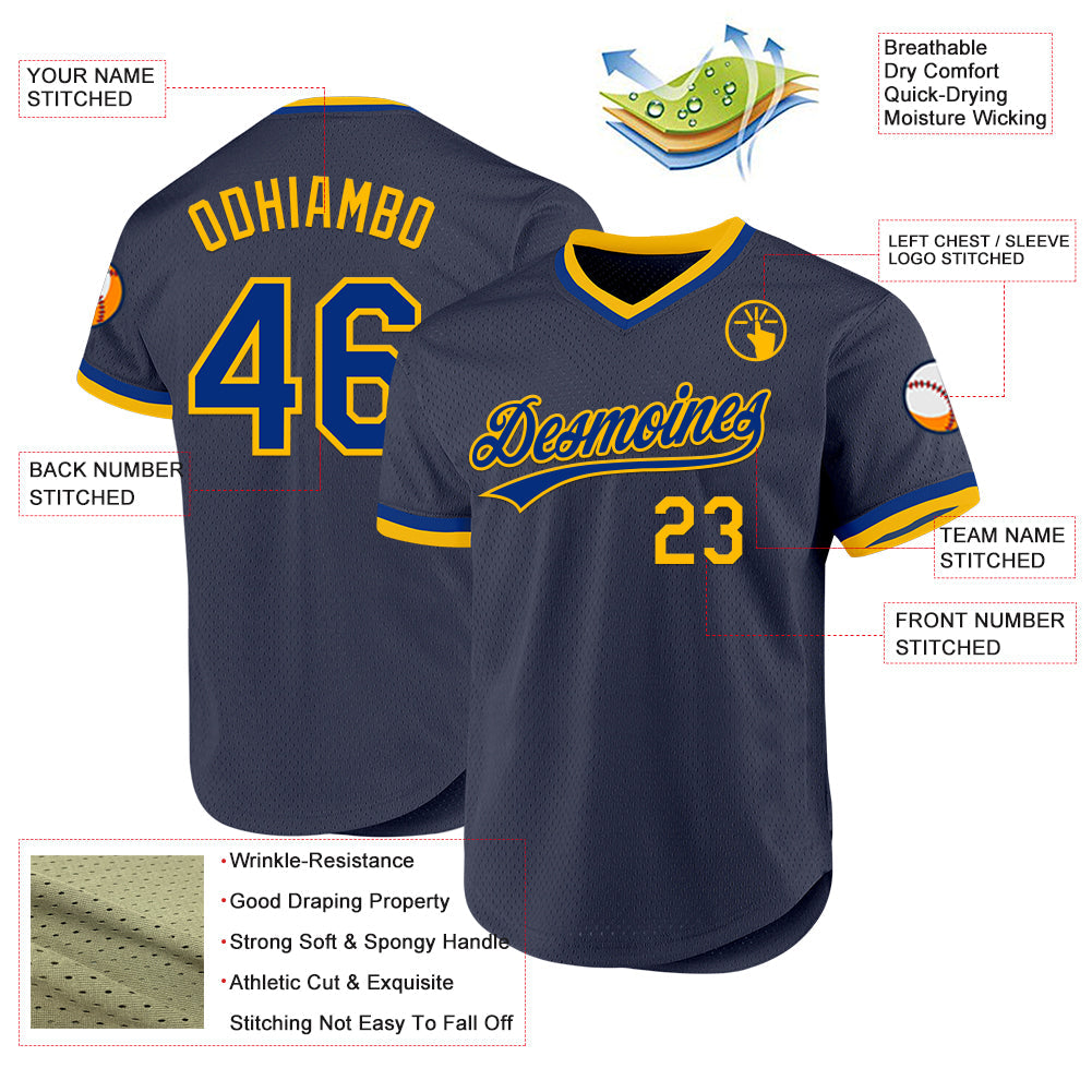 Custom Navy Royal-Gold Authentic Throwback Baseball Jersey view 3