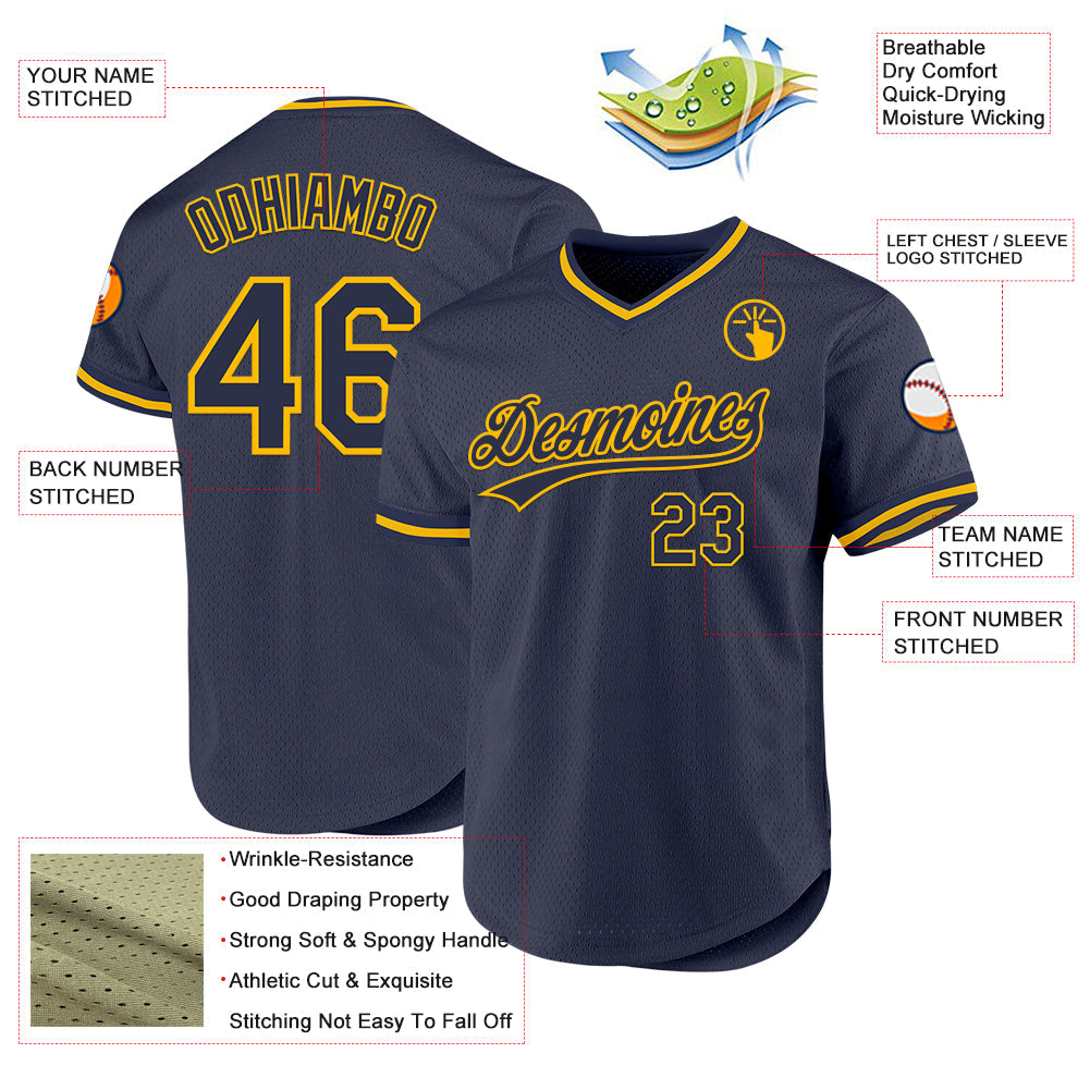 Custom Navy Gold Authentic Throwback Baseball Jersey view 3