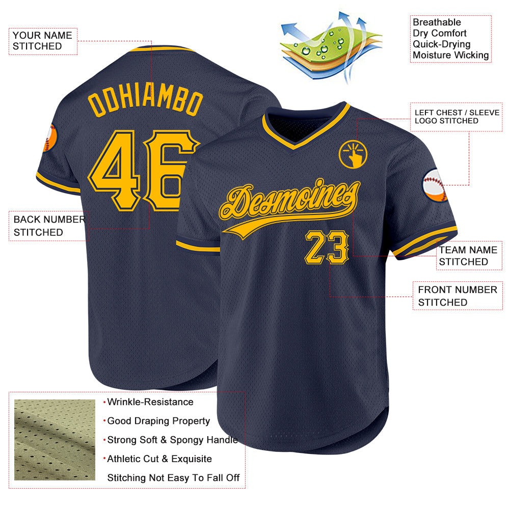 Custom Navy Gold Authentic Throwback Baseball Jersey view 3