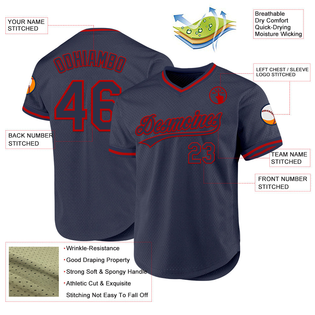 Custom Navy Red Authentic Throwback Baseball Jersey view 3