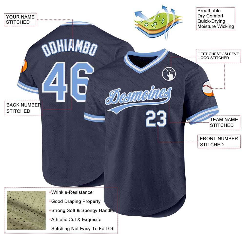 Custom Navy Light Blue-White Authentic Throwback Baseball Jersey view 3