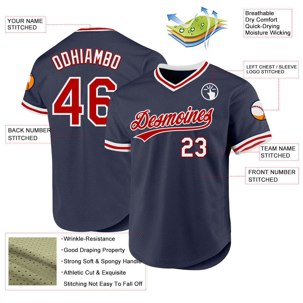 Custom Navy Red-White Authentic Throwback Baseball Jersey view 3
