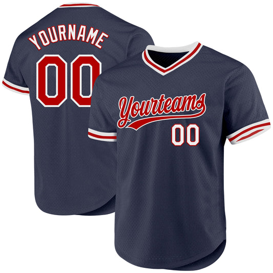 Custom Navy Red-White Authentic Throwback Baseball Jersey - Main View