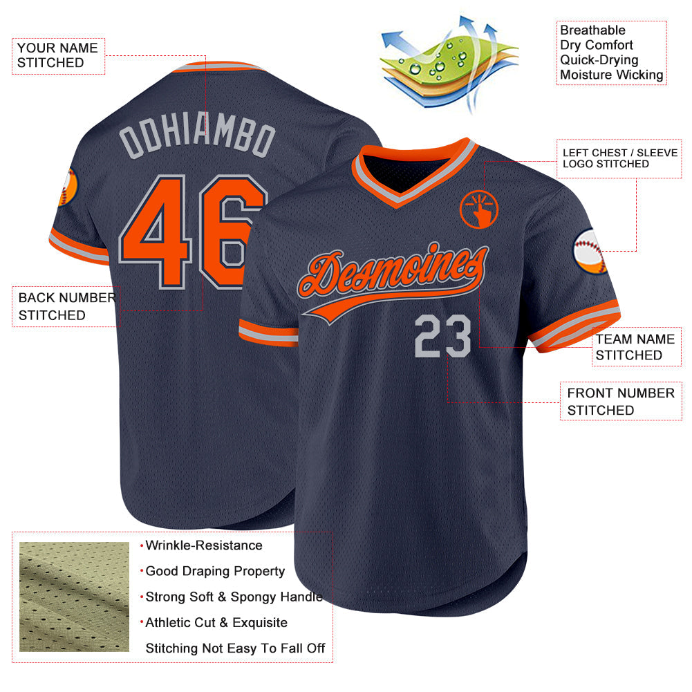 Custom Navy Orange-Gray Authentic Throwback Baseball Jersey view 3